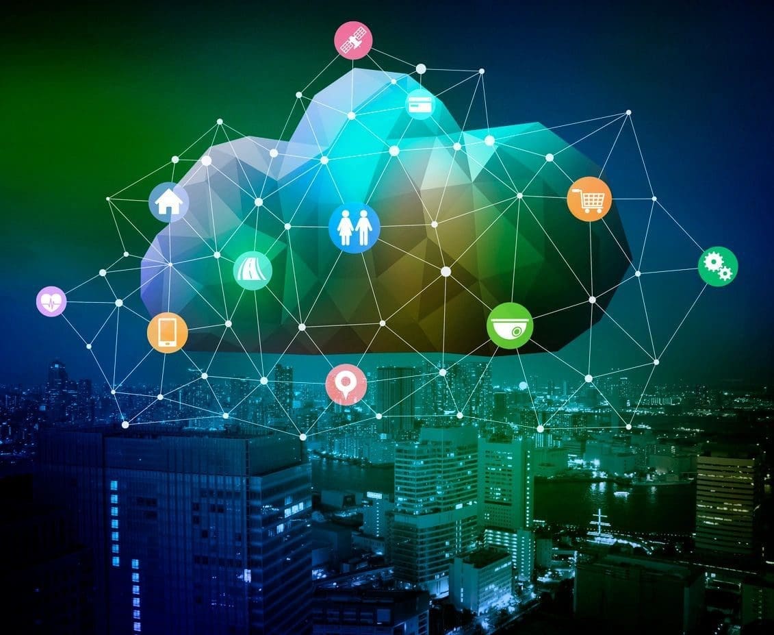 A cloud with many different colored dots connected to it.