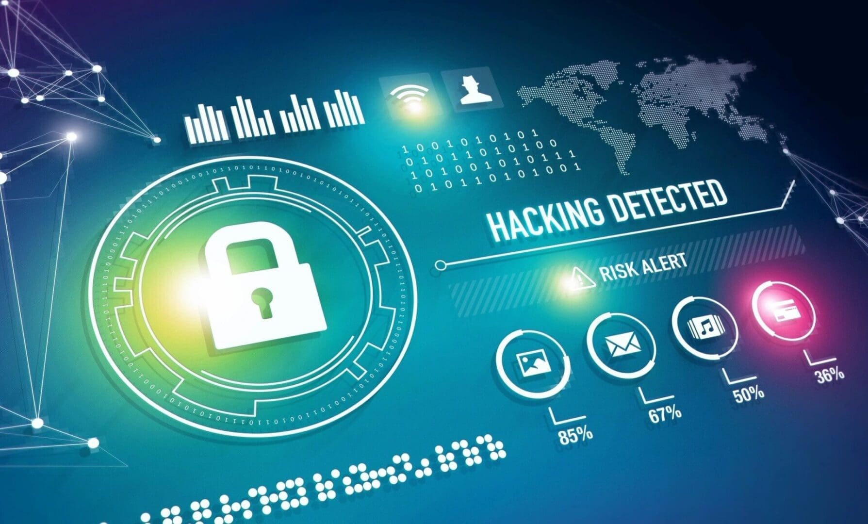 A computer screen with the words hacking detection and data alert.