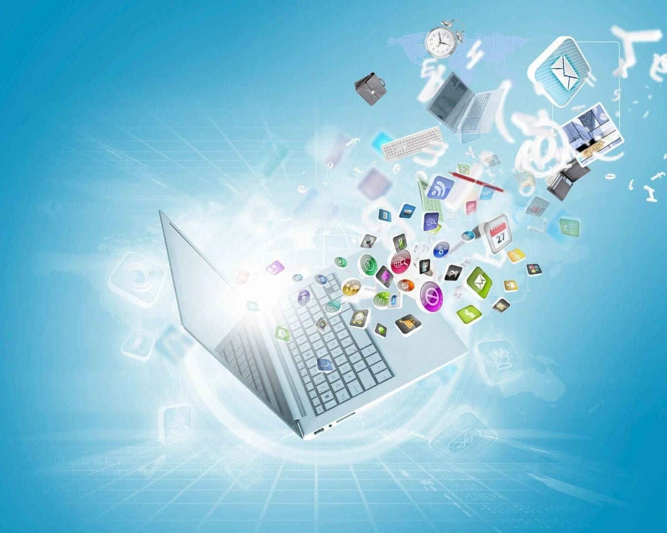 A laptop computer with many icons flying around it.